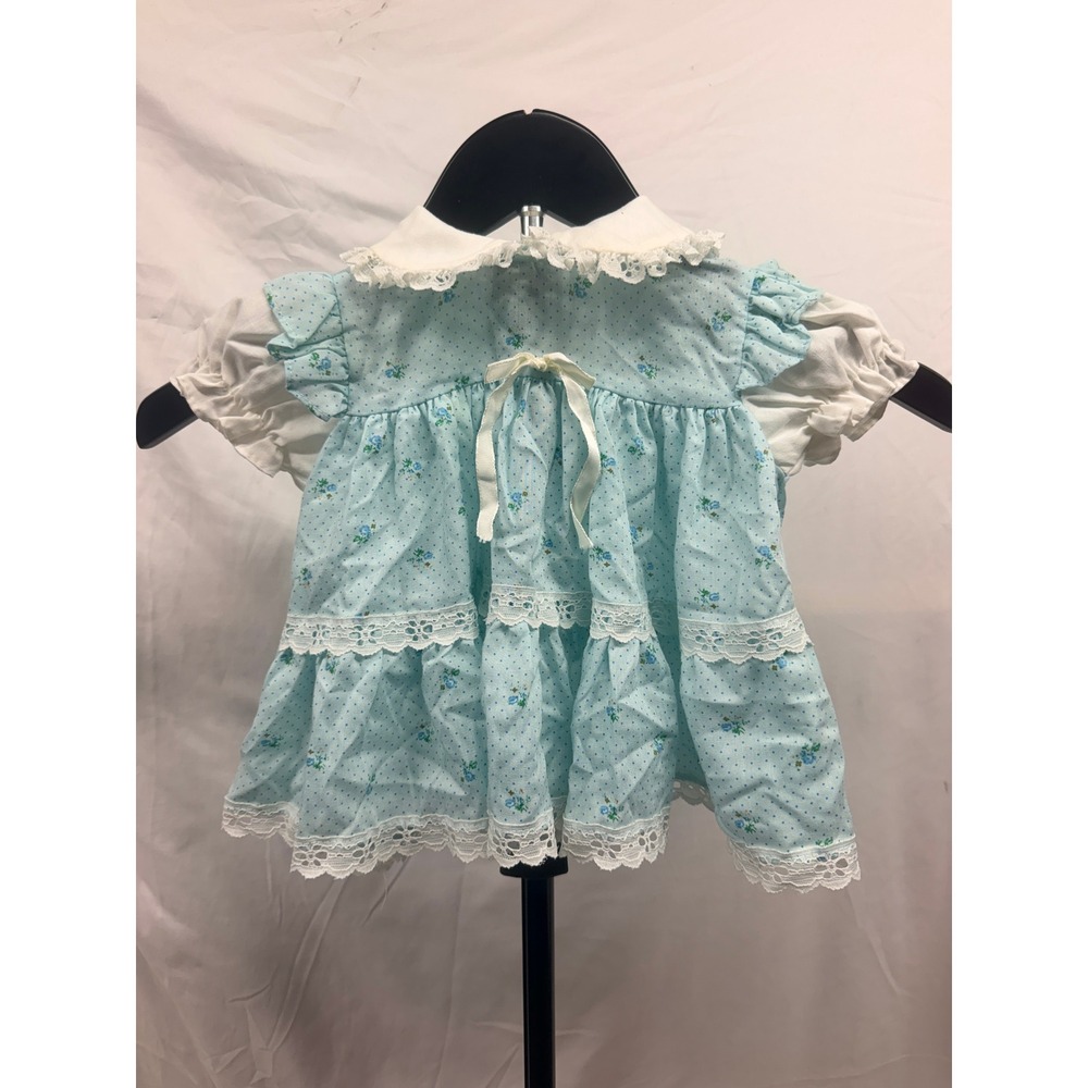 Vintage Baby Girl Blue Floral Polka Dot Lace Tiered Dress 6-9 Months USA Made